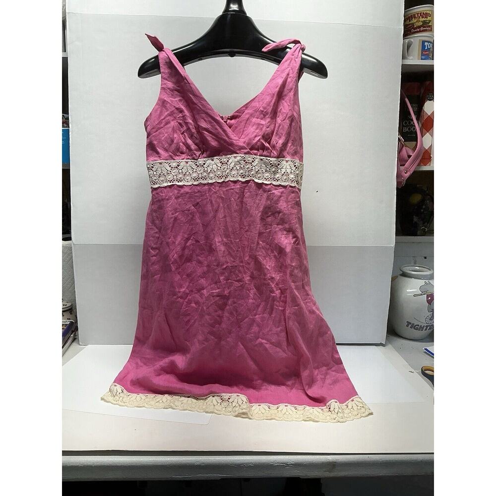 Lilly Pulitzer Linen Pink Tie Shoulder V Neck‎ Lace Accent Dress Size 6